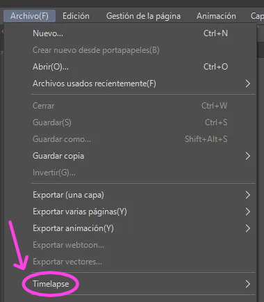 Ubicación el timelapse (para el speedpaint) en ClipStudio Paint