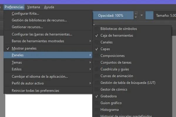 Agregar/ver panel de grabación Krita