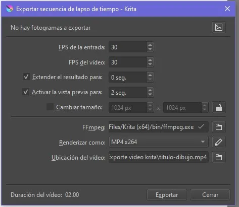 Ventana para exportar SpeedPaint Krita
